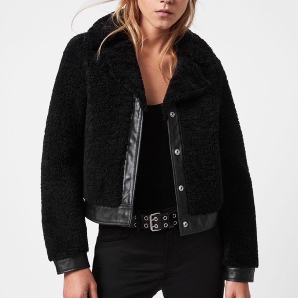 All Saints Madsen Leather Trim Shearling Jacket Black Size 10 - Picture 1 of 6
